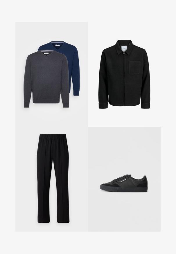 Black zip-up jacket with collar and single chest pocket, displayed on white background.; Two V-neck sweaters in dark gray and navy blue, made from a soft fabric with ribbed cuffs and a striped detail inside the neckline.; Black, elastic-waist trousers with a straight-leg design, featuring a smooth texture and no visible patterns or hardware.; Black sneakers with a mix of leather and suede materials, featuring round laces, textured rubber sole, and a brand logo on the side.