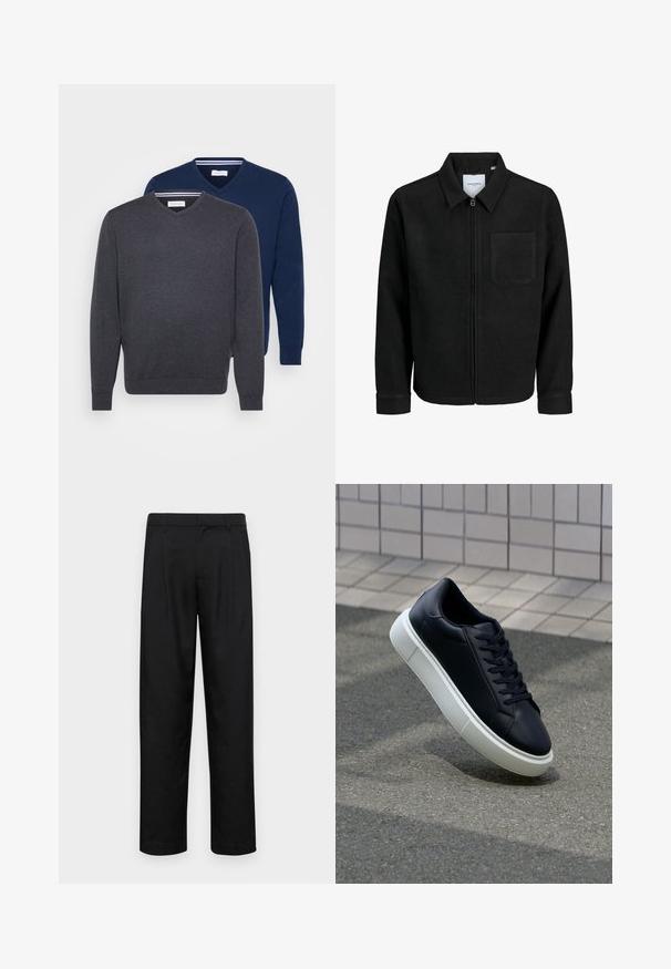 Chaqueta negra con cremallera y cuello, con un solo bolsillo en el pecho, expuesta sobre un fondo blanco.; Dos suéteres de cuello en V en gris oscuro y azul marino, confeccionados con una tela suave, con puños acanalados y un detalle a rayas en el interior del escote.; Pantalones negros de tela suave, con un diseño de pierna recta, dos pliegues frontales y una cintura estándar con trabillas para el cinturón.; Zapatilla de cuero negro con punta redonda y suela de goma blanca. Presenta cordones planos y un mínimo de costuras en la parte superior. Suela texturizada para proporcionar agarre.