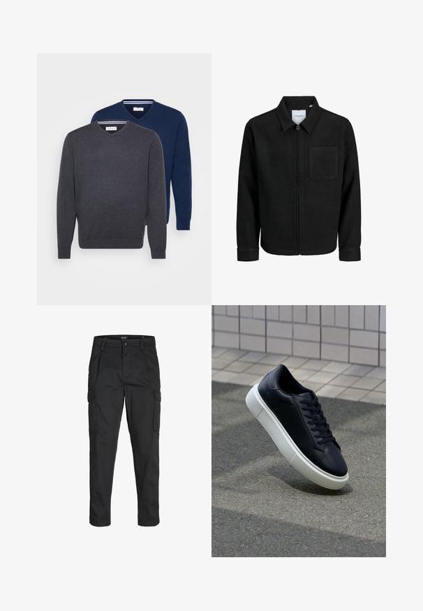 Veste zippée noire avec col et poche poitrine unique, présentée sur fond blanc.; Deux pulls en V de couleur gris foncé et bleu marine, fabriqués dans un tissu doux avec des poignets côtelés et un détail rayé à l'intérieur de l'encolure.; Pantalons cargo noirs en tissu résistant, dotés de plusieurs poches, d'une fermeture par bouton et d'une coupe slim avec des jambes fuselées.; Baskets noires en cuir avec bout arrondi et semelle en caoutchouc blanc. Elles présentent des lacets plats et une couture minimale sur la tige. Semelle texturée pour une bonne adhérence.