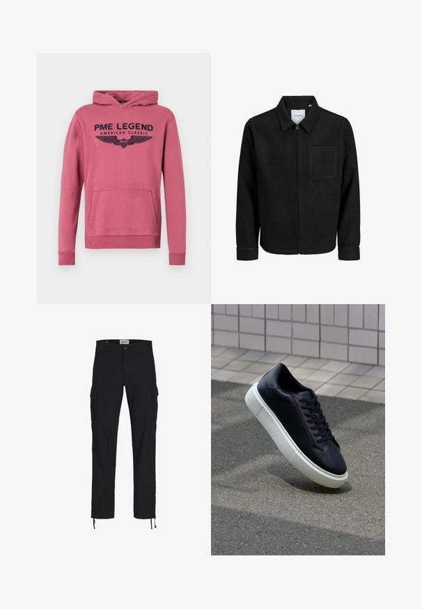 Czarna kurtka z zamkiem na całej długości, z kołnierzem i jedną kieszenią na piersi, umieszczona na białym tle.; Różowa bluza z kapturem, wykonana z materiału z mieszanki bawełny. Posiada kieszeń kangurze, prążkowane mankiety oraz nadruk graficzny z przodu z motywem skrzydeł i tekstem.; Czarne spodnie cargo o prostym kroju, z bocznymi kieszeniami, zapięciem na guzik i elastycznymi sznurkami przy kostkach. Wykonane z trwałego materiału.; Czarne skórzane sneakersy z okrągłym noskiem i białą gumową podeszwą. Posiadają płaskie sznurowadła i minimalne przeszycia na cholewce. Teksturowana podeszwa zapewnia przyczepność.