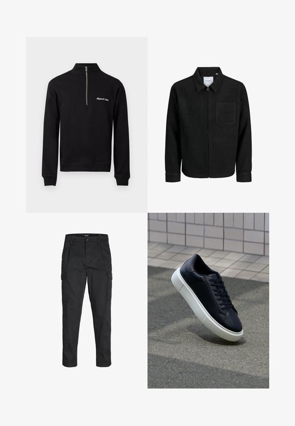 Črna jakna z zadrgo in ovratnikom ter enim žepom na prsih, prikazana na beli podlagi.; Črna trenirka s četrtim zadrgo in visokim ovratnikom, ki ima belo vezeno besedilo "Originals Canada" na levem prsnem delu.; Črne cargo hlače iz trdnega blaga, ki imajo več žepov, gumbasto zapiranje in ozek kroj z zožanimi nogami.; Črne usnjene superge z zaobljenim prstom in belim gumijastim podplat. Imajo ravne vezalke in minimalno šivanje na zgornjem delu. Teksturirani podplat za oprijem.