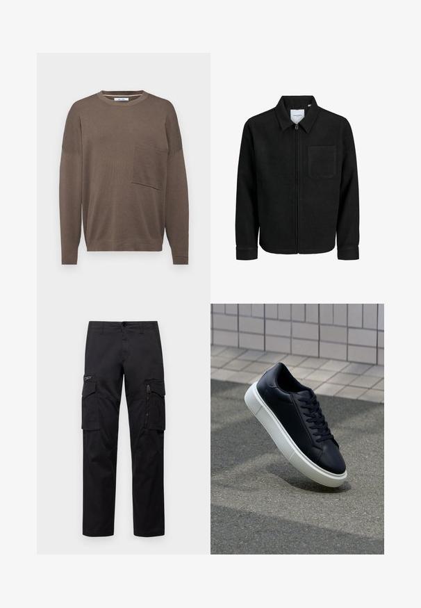 Schwarze Zip-Jacke mit Kragen und einer einzelnen Brusttasche, auf weißem Hintergrund präsentiert.; Brauner Langarmpullover mit Rundhalsausschnitt, der über eine Fronttasche und ein strukturiertes Strickdesign verfügt. Die Passform ist entspannt und die Ärmel sind leicht überschnitten.; Schwarze Cargo-Hosen mit mehreren Taschen, einer Reißverschlusstasche am Oberschenkel, geradem Schnitt und strapazierfähigem Baumwollstoff mit leichtem Glanz.; Schwarze Leder-Sneaker mit runder Zehenpartie und weißer Gummisohle. Verfügt über flache Schnürsenkel und minimale Nähte im Obermaterial. Strukturiertes Sohlenprofil für besseren Halt.