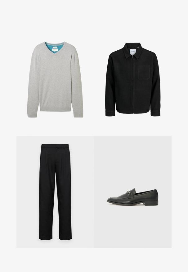 Black zip-up jacket with collar and single chest pocket, displayed on white background.; Gray long-sleeve sweater with a V-neck, made of cotton. Features a contrasting blue inner neckline. Ribbed cuffs and hem.; Black trousers made of smooth fabric, featuring a straight-leg design, two front pleats, and standard waistband with belt loops.; Black leather loafer with a smooth finish, featuring a stitched design and a decorative metal chain accent across the vamp. Flat heel.