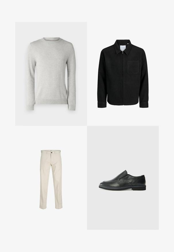Chaqueta negra con cremallera y cuello, con un solo bolsillo en el pecho, expuesta sobre un fondo blanco.; Suéter de punto gris claro con un escote redondo, mangas largas, patrón texturizado y puños y dobladillo acanalados. Tejido suave y transpirable.; Pantalones de algodón beige con corte recto, cierre de botones, bolsillos frontales y costuras cosidas. Textura suave, detalles mínimos y sin patrones.; Zapato negro de cuero sin cordones con un upper suave, detalles de costura, punta redonda y un bajo tacón de goma. La suela presenta una tracción mínima.