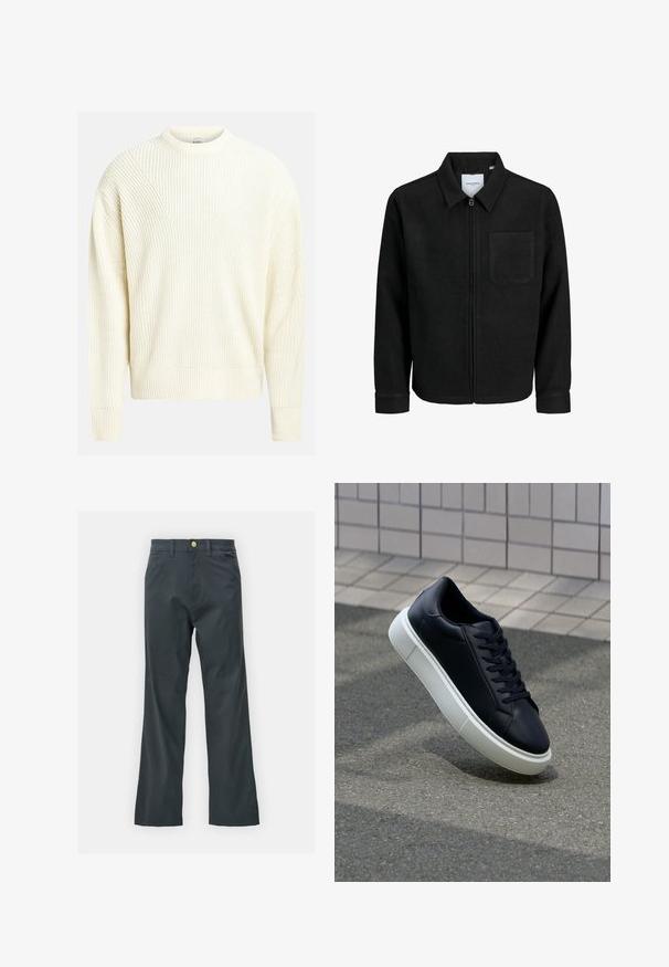 Black zip-up jacket with collar and single chest pocket, displayed on white background.; Light cream knitted sweater with a ribbed texture, round neckline, and dropped shoulders; features a relaxed fit and a solid color.; Black pants with a straight leg cut, made from cotton blend fabric. Features a metal button closure and side pockets. No visible patterns.; Black leather sneaker with rounded toe and white rubber sole. Features flat laces and minimal stitching on the upper. Textured sole for grip.