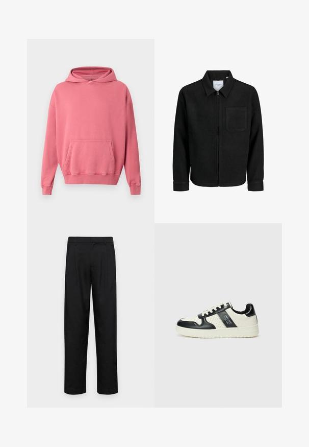 Crna jakna na zip s ovratnikom i jednim džepom na prsima, prikazana na bijeloj pozadini.; Roze dukserica s kapuljačom, s kenguruh džepom, rebrastim manžetama i rubom. Izrađena od mekog, strukturiranog materijala. Jednostavan dizajn, bez vidljivih logotipa ili uzoraka.; Crne hlače od glatkog materijala, s dizajnom ravnih nogavica, dva prednja nabora i standardnim pojasom s petljama za remen.; Kožne tenisice s crno-bijelom paletom boja, koje imaju perforirane akcentne detalje, podstavljeni ovratnik i teksturiranu potplat.