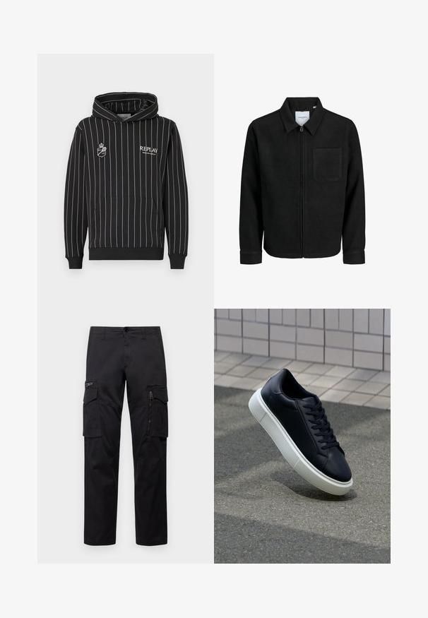 Giacca nera con zip, colletto e una tasca sul petto, mostrata su sfondo bianco.; Felpa nera con cappuccio e strisce verticali bianche, dotata di tasca frontale e loghi ricamati sul petto. Tessuto morbido.; Pantaloni cargo neri con multiple tasche, tasca con zip sulla coscia, vestibilità dritta e in resistente cotone con un leggero lucido.; Sneaker in pelle nera con punta arrotondata e suola in gomma bianca. Presenta lacci piatti e cuciture minime sulla parte superiore. Suola testurizzata per una migliore aderenza.