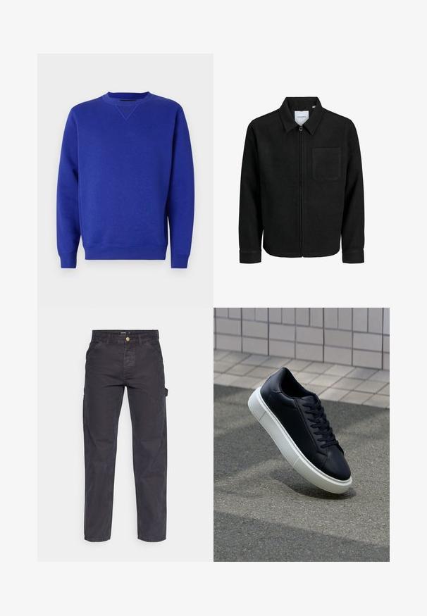 Czarna kurtka z zamkiem na całej długości, z kołnierzem i jedną kieszenią na piersi, umieszczona na białym tle.; Niebieska bluza z okrągłym dekoltem i ściągaczami przy rękawach. Wykonana z miękkiej tkaniny o gładkiej fakturze i subtelnym logo na klatce piersiowej.; Ciemnoszare spodnie cargo wykonane z trwałej tkaniny, z prostymi nogawkami, pięcioma kieszeniami i zapięciem na guzik w talii.; Czarne skórzane sneakersy z okrągłym noskiem i białą gumową podeszwą. Posiadają płaskie sznurowadła i minimalne przeszycia na cholewce. Teksturowana podeszwa zapewnia przyczepność.