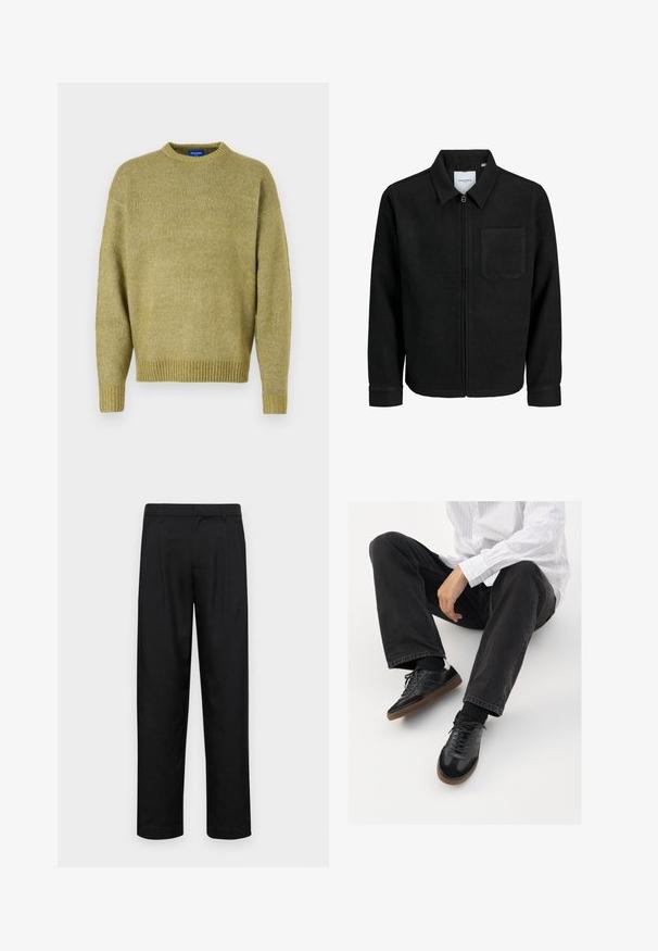 Mustaga lukuga jakker, millel on krae ja üks rinna-tasku, esitatud valgel taustal.; Kootud sviiter tuhm oliivrohelises värvitoonis, millel on ümar kaelus, allakäinud õlad, ribidega mansetid ja tekstureeritud viimistlus.; Mustad mustadest riietest, millel on sirge jalgade disain, kaks eesmist voltimist ja tavaline vöökoht, millel on vöökohad.; Mustad spordijalatsid siledast ja tekstuurilisest ülemisest osast, millel on kummist tald ja tumedad nöörid. Kombineeritud mustade teksade ja valge triibulise särgiga.