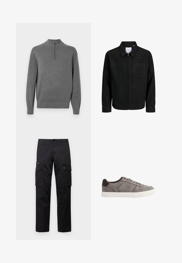 Černá zipová bunda s límečkem a jednou kapsou na hrudi, vystavená na bílém pozadí.; Šedý svetr s vysokým krkem a polovičním zipem. Vyroben z jemné tkaniny, má žebrované manžety a lem.; Černé cargo kalhoty s několika kapsami, zipovou kapsou na stehnu, přímým střihem a pevnou bavlněnou tkaninou s lehkým leskem.; Šedé semišové tenisky s bílou gumovou podrážkou. Mají zaoblenou špičku, šest očílek na tkaničky a minimalistický design bez viditelných log.