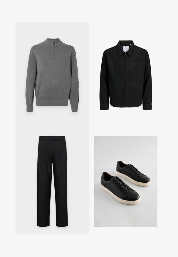 Mustaga lukuga jakker, millel on krae ja üks rinna-tasku, esitatud valgel taustal.; Hallhalli pullover-sviiter kõrge kaelusega ja poole pikkusega lukuga. Valmistatud pehmest kangast, ribitud mansettide ja hemiga.; Mustad mustadest riietest, millel on sirge jalgade disain, kaks eesmist voltimist ja tavaline vöökoht, millel on vöökohad.; Mustad nahast tennised on tekstuuri viimistlusega, ümmarguse varbaga ja kreemja kummitaldaga. Paelad kulgevad ees, kujundus on lihtne ja klassikaline.