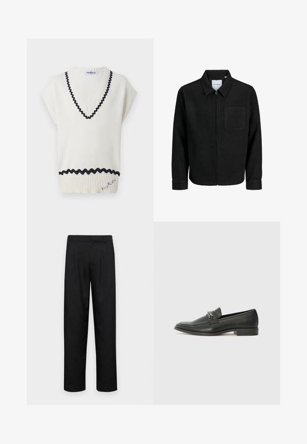 Musta vetoketjullinen takki, jossa on kaulus ja yksi rintatasku, esitelty valkoista taustaa vasten.; Kermanvärinen neuleetuparmu, jossa on V-pääntie, mustat aallotetut reunat ja ribatut yksityiskohdat helmassa, johon on brodeerattu logo.; Mustat housut, jotka on valmistettu sileästä kankaasta, suoran lahkeen muotoilulla, kahdella etupleekillä ja tavanomaisella vyötäröllä, jossa on vyölenkit.; Musta nahkakengät, joissa on sileä pinta, koristeelliset ompeleet ja metalliketjun yksityiskohta kengän päällä. Littee korko.