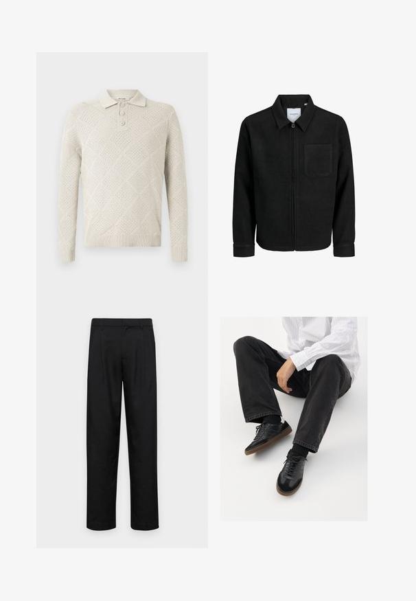 Melna jaka ar rāvējslēdzēju un apkakli, vienu krūšu kabatu, parādīta uz baltas fona.; Gai bēšs adīts polo džemperis ar dimanta rakstu, trīs pogu aizdari un ribota piedurkne un apakšmalu.; Melnas bikses, izgatavotas no gludas auduma, ar taisnu kāju dizainu, divām priekšējām krokām un standarta jostu, kurai ir āķi.; Melnas sporta kurpes ar gludu un teksturētu virsu, apgādātas ar gumijas zoli un tumšiem auklām. Saskaņotas ar melniem džinsiem un baltu svītrainu krekls.