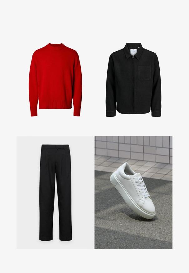 Juodas džemperis su užtrauktuku, apykakle ir vienu krūtiniu kišenėje, pristatytas baltame fone.; Raudonas ilgas rankovėmis megztinis su apvalia apykakle, su gumbuotomis apykaklėmis, rankovėmis ir apačia, rodoma ant baltos fono.; Juodi kelnių modeliai, pagaminti iš lygios medžiagos, turi tiesią kojas, du priekiniai klostės ir standartinę juosmenį su diržo kilpomis.; Balti odiniai sportbačiai su lygiu paviršiumi, apvalia nosimi ir plokščiomis baltomis raištelėmis. Yra tekstūruotas gumos padas ir minimalizmas dizaino elementuose.