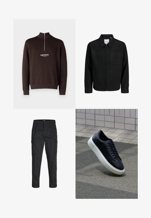 Giacca nera con zip, colletto e una tasca sul petto, mostrata su sfondo bianco.; Felpa marrone con colletto alto e chiusura a mezza zip. Presenta un logo bianco "originals Studio" sul petto; polsini e orlo a coste.; Pantaloni cargo neri realizzati in un tessuto resistente, dotati di molteplici tasche, chiusura con bottone e un design aderente con gambe affusolate.; Sneaker in pelle nera con punta arrotondata e suola in gomma bianca. Presenta lacci piatti e cuciture minime sulla parte superiore. Suola testurizzata per una migliore aderenza.