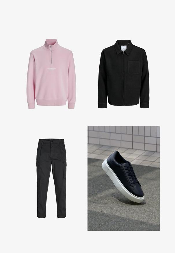 Zwarte zip-up jas met kraag en enkele borstzak, weergegeven op een witte achtergrond.; Roze pullover sweatshirt met een kwart-rits kraag, geribbelde manchetten en een witte logo tekst op de borst. Zachte stof, ontspannen pasvorm.; Zwarte cargobroek van stevig stof, met meerdere zakken, een knoopsluiting en een slim fit ontwerp met taps toelopende benen.; Zwarte leren sneaker met een ronde neus en een witte rubberen zool. Voorzien van platte veters en minimale stiksels op het bovenwerk. Textuurrijke zool voor grip.