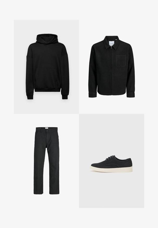 Czarna kurtka z zamkiem na całej długości, z kołnierzem i jedną kieszenią na piersi, umieszczona na białym tle.; Czarna bluza z kapturem wykonana z mieszanki bawełny, z dużą kieszenią z przodu, ściągaczami przy mankietach oraz kapturem na sznurku. Prosty, nieozdobiony design.; Czarne spodnie wykonane z trwałego materiału, z prostym krojem nóg, przeszyciami i dwiema przednimi kieszeniami dla funkcjonalności.; Czarne zamszowe buty sznurowane z okrągłym noskiem, lekką kremową podeszwą i delikatnymi niebieskimi akcentami na cholewce.