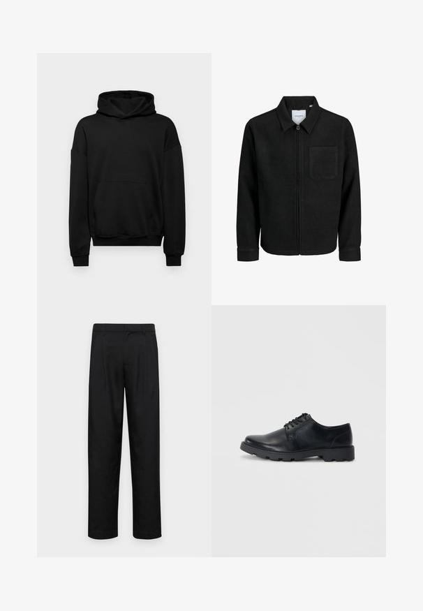 Czarna kurtka z zamkiem na całej długości, z kołnierzem i jedną kieszenią na piersi, umieszczona na białym tle.; Czarna bluza z kapturem wykonana z mieszanki bawełny, z dużą kieszenią z przodu, ściągaczami przy mankietach oraz kapturem na sznurku. Prosty, nieozdobiony design.; Czarne spodnie wykonane z gładkiego materiału, z prostą nogawką, dwoma fałdami z przodu oraz standardowym paskiem z wypustkami na pasek.; Czarne skórzane buty na sznurówki z zaokrąglonym noskiem, niskoprofilową gumową podeszwą i subtelnym przeszyciem wzdłuż brzegów.