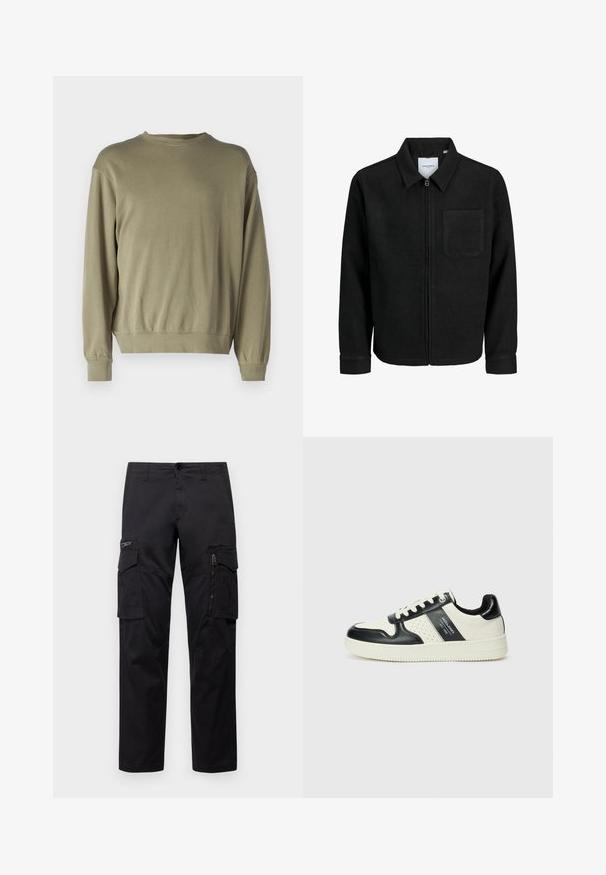 Chaqueta negra con cremallera y cuello, con un solo bolsillo en el pecho, expuesta sobre un fondo blanco.; Sudadera de manga larga en verde oliva, hecha de una suave mezcla de algodón. Presenta un cuello redondo y puños acanalados con un corte holgado.; Pantalones cargo negros con múltiples bolsillos, un bolsillo con cremallera en el muslo, corte recto y tejido de algodón resistente con un ligero brillo.; Zapatillas de cuero con un esquema de colores negro y crema, que cuentan con acentos perforados, un collar acolchado y una suela texturizada.