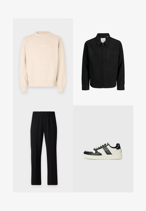 Veste zippée noire avec col et poche poitrine unique, présentée sur fond blanc.; Sweatshirt beige en tissu doux, avec un col rond, des poignets côtelés et un petit logo blanc sur la poitrine.; Pantalons noirs à taille élastique avec une coupe droite, présentant une texture lisse et sans motifs ni éléments visibles.; Baskets en cuir avec un schéma de couleurs noir et crème, dotées d'accents perforés, d'un col rembourré et d'une semelle texturée.