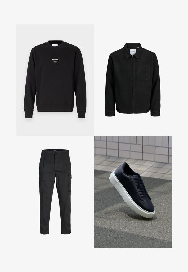 Giacca nera con zip, colletto e una tasca sul petto, mostrata su sfondo bianco.; Felpa nera in misto cotone, con colletto rotondo, polsini a coste e una piccola scritta bianca sul petto. Texture liscia.; Pantaloni cargo neri realizzati in un tessuto resistente, dotati di molteplici tasche, chiusura con bottone e un design aderente con gambe affusolate.; Sneaker in pelle nera con punta arrotondata e suola in gomma bianca. Presenta lacci piatti e cuciture minime sulla parte superiore. Suola testurizzata per una migliore aderenza.