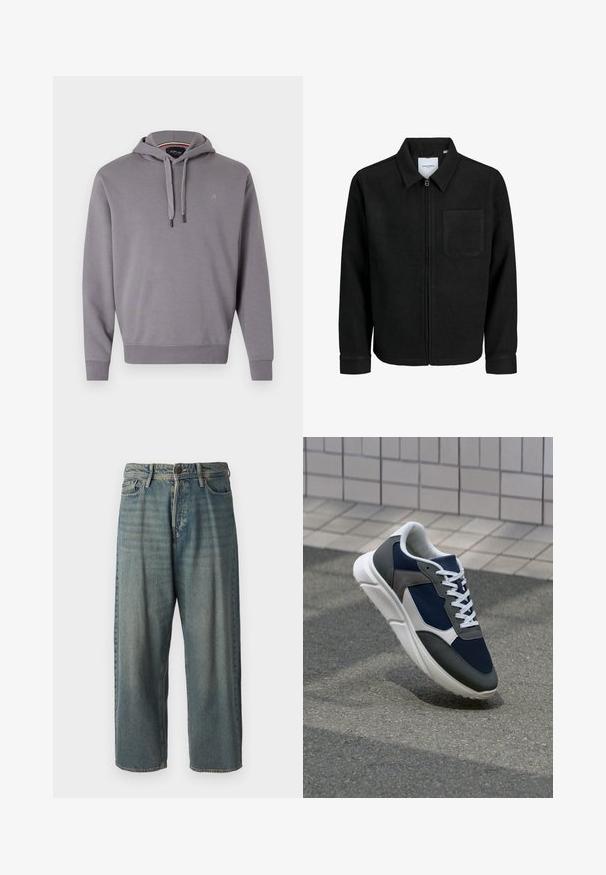 Veste zippée noire avec col et poche poitrine unique, présentée sur fond blanc.; Haut à capuche gris avec cordon de serrage, poignets et ourlet côtelés, arborant un petit logo sur la poitrine. Tissu doux avec une texture lisse.; Jeans en denim bleu clair avec une coupe ample, taille mi-haute et jambes droites. Comprend cinq poches, des passants de ceinture et une fermeture à bouton.; Baskets avec une tige en mesh bleu marine, des accents en suède gris, une semelle en caoutchouc blanc et des lacets plats blancs, conçues pour le confort et la respirabilité.