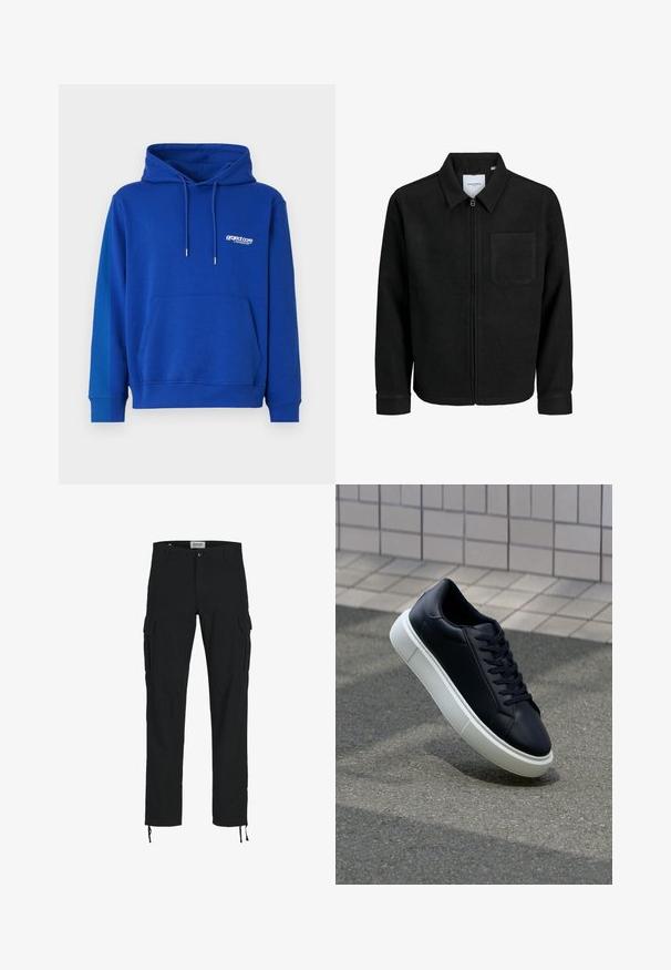 Zwarte zip-up jas met kraag en enkele borstzak, weergegeven op een witte achtergrond.; Blauwe hoodie met een kangoeroezak, trekkoordkap en ribgebreide boorden. Heeft een klein wit logo op de borst. Zachte textuur.; Zwarte cargobroek met een rechte snit, voorzien van zijzakken, een knoopsluiting en elastische trekkoorden bij de enkels. Gemaakt van duurzame stof.; Zwarte leren sneaker met een ronde neus en een witte rubberen zool. Voorzien van platte veters en minimale stiksels op het bovenwerk. Textuurrijke zool voor grip.