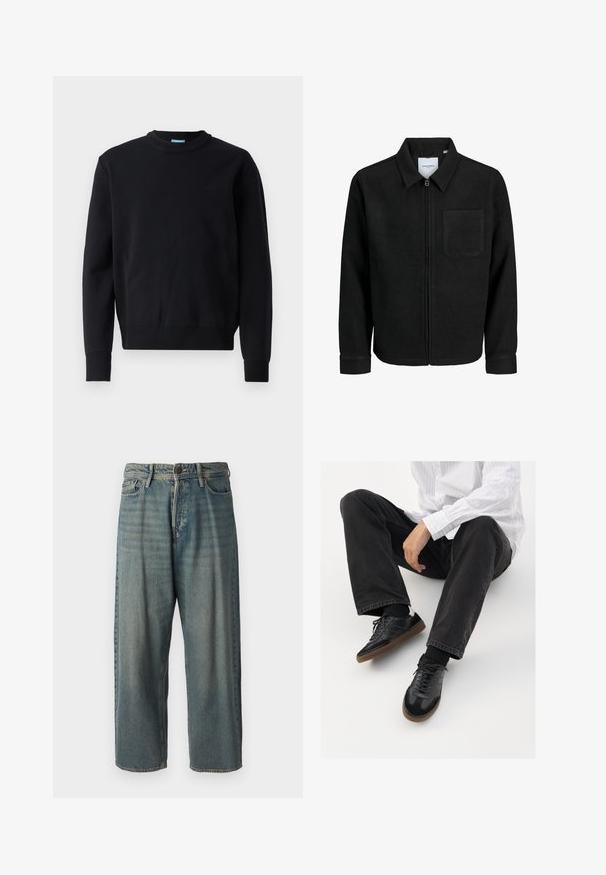 Jachetă neagră cu fermoar, cu guler și un singur buzunar pe piept, expusă pe fundal alb.; Hanorac negru din amestec de bumbac, cu guler rotund, mansete și tiv din țesătură elastică, având un detaliu mic cu logo pe piept.; Jeans din denim bleu deschis, cu o croială lejeră, talie medie și picioare drepte. Au cinci buzunare, bucle pentru curea și închidere cu nasture.; Adidași negri cu un model neted și texturat, având o talpă din cauciuc și șireturi închise la culoare. Asortați cu blugi negri și o cămașă albă cu dungi.