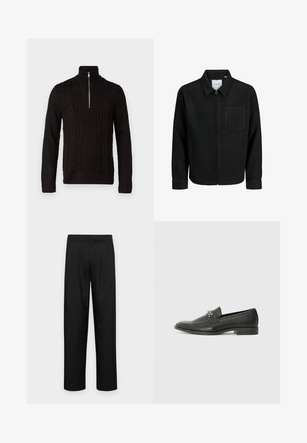 Czarna kurtka z zamkiem na całej długości, z kołnierzem i jedną kieszenią na piersi, umieszczona na białym tle.; Czarny sweter z dzianiny z wysokim kołnierzem i półzamkiem. Posiada teksturowane wzory w warkocze oraz prążkowane mankiety i dół.; Czarne spodnie wykonane z gładkiego materiału, z prostą nogawką, dwoma fałdami z przodu oraz standardowym paskiem z wypustkami na pasek.; Czarne skórzane mokasyny o gładkim wykończeniu, z haftowanym wzorem i dekoracyjnym akcentem z metalowego łańcucha na wierzchu. Płaska pięta.