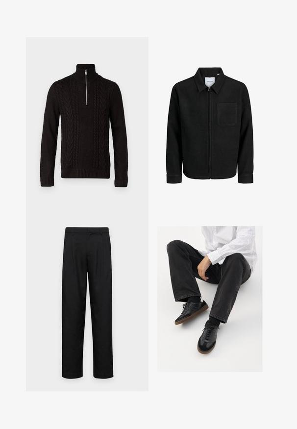 Black zip-up jacket with collar and single chest pocket, displayed on white background.; Black knit sweater with a high collar and half-zip. Features textured cable knit patterns and ribbed cuffs and hem.; Black trousers made of smooth fabric, featuring a straight-leg design, two front pleats, and standard waistband with belt loops.; Black sneakers with a smooth and textured upper, featuring a rubber sole and dark laces. Paired with black jeans and a white striped shirt.