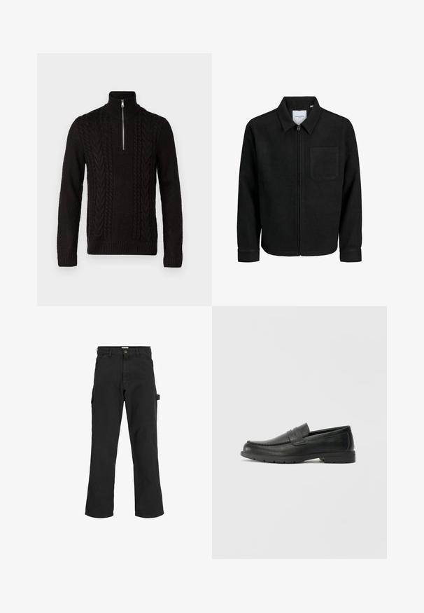 Schwarze Zip-Jacke mit Kragen und einer einzelnen Brusttasche, auf weißem Hintergrund präsentiert.; Schwarzer Strickpullover mit hohem Kragen und halbem Reißverschluss. Mit strukturierten Kabelstrickmustern sowie gerippten Bündchen und Saum.; Schwarze Cargo-Hosen aus einem Baumwoll-Mischgewebe. Mit weitem Bein, schrägen Taschen vorne und einer Seitentasche mit einer Schlaufe für Accessoires.; Schwarze Lederloafers mit glatter Oberfläche, Mokassin-oberteil, genähten Details und Gummisohle. Klassisches Design mit niedrigem Absatz.