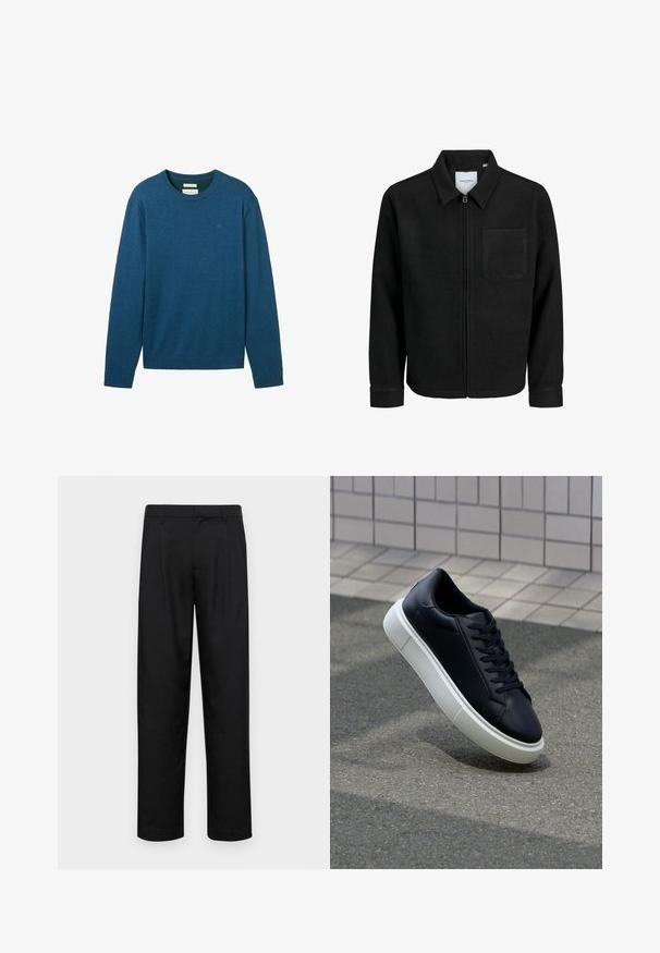 Czarna kurtka z zamkiem na całej długości, z kołnierzem i jedną kieszenią na piersi, umieszczona na białym tle.; Niebieski sweter z długim rękawem i okrągłym dekoltem, wykonany z miękkiego materiału. Posiada prążkowane mankiety i dół, z delikatnym logo wyszytym na piersi.; Czarne spodnie wykonane z gładkiego materiału, z prostą nogawką, dwoma fałdami z przodu oraz standardowym paskiem z wypustkami na pasek.; Czarne skórzane sneakersy z okrągłym noskiem i białą gumową podeszwą. Posiadają płaskie sznurowadła i minimalne przeszycia na cholewce. Teksturowana podeszwa zapewnia przyczepność.