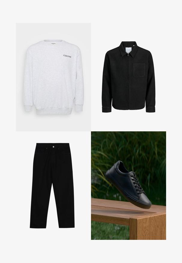 Musta vetoketjullinen takki, jossa on kaulus ja yksi rintatasku, esitelty valkoista taustaa vasten.; Harmaa fleecemallinen huppari. Siinä on pyöreä kaula-aukko, pitkät hihat ja mustalla painettu "Club1990" etupuolella.; Mustat farkut suoraan lahkeella, viisi taskua ja etunappikiinnitys. Sileä rakenne, jossa on vain vähäisiä ompelualueita.; Musta nahkakengät, joissa on sileä pinta, pyöreä kärki ja litteät nauhat, aseteltu puupinnan ylle, taustalla vihreää ruohoa.