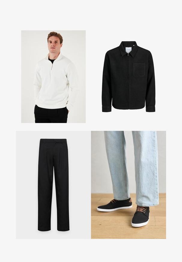 Črna jakna z zadrgo in ovratnikom ter enim žepom na prsih, prikazana na beli podlagi.; Bela zip-up jopica z visokim ovratnikom, mehkega blaga, dolgimi rokavi in sproščenim krojem, v kombinaciji s črnimi hlačami.; Črne hlače iz gladkega materiala, s krojem ravne noge, dvema sprednjima pregiboma in standardnim pasom z zankami za pas.; Črne platnene superge z rjavimi poudarki, belimi gumijastimi podplati in rjavimi vezalkami, v kombinaciji s svetlobluzimi naravnost krojenimi kavbojkami. Ozadje iz lesenih tal.