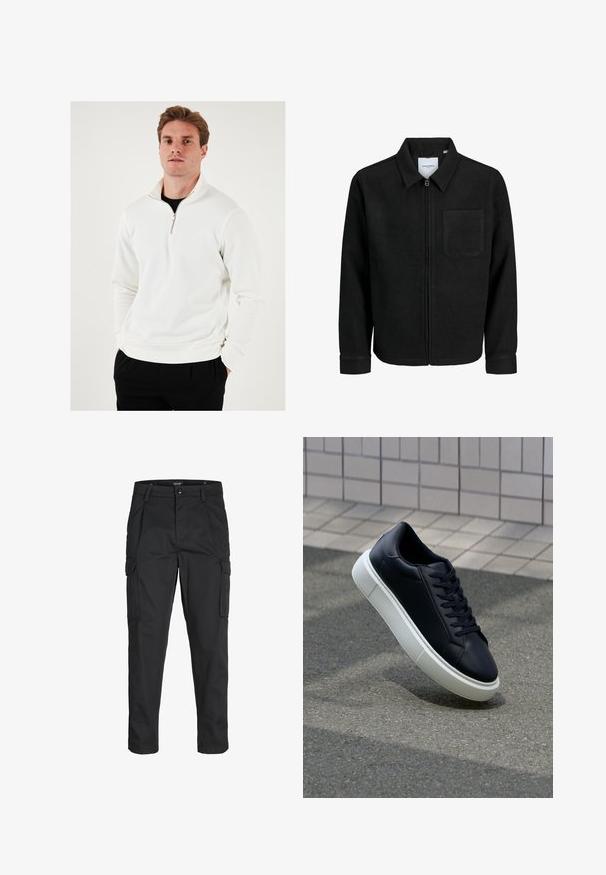 Veste zippée noire avec col et poche poitrine unique, présentée sur fond blanc.; Sweatshirt blanc zippé avec un col haut, tissu doux, manches longues et coupe décontractée, associé à un pantalon noir.; Pantalons cargo noirs en tissu résistant, dotés de plusieurs poches, d'une fermeture par bouton et d'une coupe slim avec des jambes fuselées.; Baskets noires en cuir avec bout arrondi et semelle en caoutchouc blanc. Elles présentent des lacets plats et une couture minimale sur la tige. Semelle texturée pour une bonne adhérence.