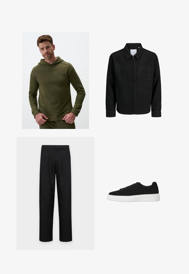 Giacca nera con zip, colletto e una tasca sul petto, mostrata su sfondo bianco.; Felpa verde oliva in morbido tessuto, con cappuccio, maniche lunghe e polsini a coste. Texture liscia e design minimalista.; Pantaloni neri realizzati in tessuto liscio, caratterizzati da un taglio dritto, due pieghe frontali e una vita standard con passanti per la cintura.; Sneaker nera in suede con punta arrotondata, chiusura con lacci e suola in gomma bianca. Design semplice con accenti minimi e texture liscia.