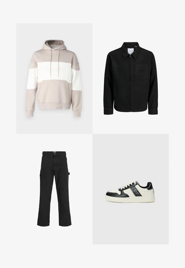 Musta vetoketjullinen takki, jossa on kaulus ja yksi rintatasku, esitelty valkoista taustaa vasten.; Huppari vaaleassa beessissä, jossa on valkoisia vaaleanraitaisia raitoja. Siinä on etutasku ja naru, valmistettu pehmeästä puuvillasekoitteesta.; Musta cargo-housut puuvillasekoitekankaasta. Ominaisuuksina leveät lahkeet, etupuolen viistot taskut ja sivutasku, jossa on lenkki lisävarusteille.; Nahkakengät musta-kerma värimaailmassa, joissa on rei'itetyt yksityiskohdat, pehmustettu nilkkaosa ja teksturoitu pohja.