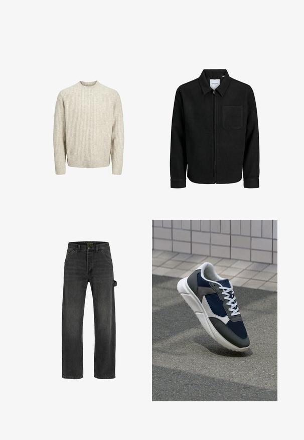 Juodas džemperis su užtrauktuku, apykakle ir vienu krūtiniu kišenėje, pristatytas baltame fone.; Kreminės spalvos raukinis megztinis su apvalia iškirpte, ilgomis rankovėmis ir tekstūruotu audiniu. Yra tiesi apačia ir elastingi rankogaliai.; Tamsiai pilki džinsai su tiesiu kirpimu, penkiomis kišenėmis, metaliniu mygtuko uždarymu ir šoninės sagties detale.; Sportiniai bateliai su tamsiai mėlynu tinkliniu viršumi, pilkais zomšiniais akcentais, balta guma padanga ir plokščiomis baltomis raištelėmis, sukurti komfortui ir oro pralaidumui.