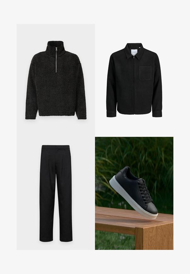 Schwarze Zip-Jacke mit Kragen und einer einzelnen Brusttasche, auf weißem Hintergrund präsentiert.; Schwarzer Fleecepullover mit hohem Kragen und einem Viertelreißverschluss auf der Vorderseite. Das Modell besteht aus einem weichen, strukturierten Stoff und hat lange Ärmel.; Schwarze Hose aus glattem Stoff, mit geradem Bein Design, zwei vorderen Falten und einem Standardbund mit Gürtelschlaufen.; Schwarze Leder-Sneaker mit glatter Oberfläche, weißer Gummisohle und sechs Ösen für Schnürsenkel, auf einer Holzfläche präsentiert.