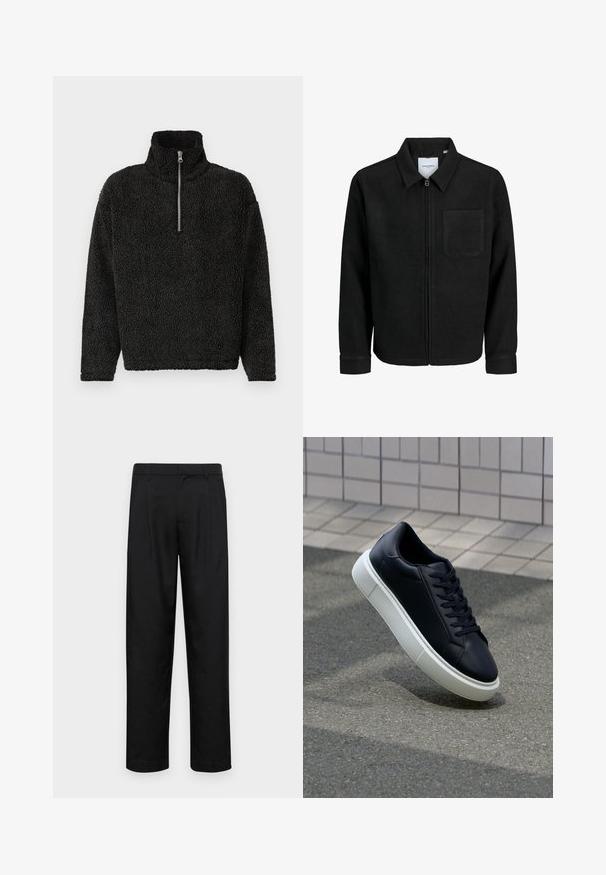 Schwarze Zip-Jacke mit Kragen und einer einzelnen Brusttasche, auf weißem Hintergrund präsentiert.; Schwarzer Fleecepullover mit hohem Kragen und einem Viertelreißverschluss auf der Vorderseite. Das Modell besteht aus einem weichen, strukturierten Stoff und hat lange Ärmel.; Schwarze Hose aus glattem Stoff, mit geradem Bein Design, zwei vorderen Falten und einem Standardbund mit Gürtelschlaufen.; Schwarze Leder-Sneaker mit runder Zehenpartie und weißer Gummisohle. Verfügt über flache Schnürsenkel und minimale Nähte im Obermaterial. Strukturiertes Sohlenprofil für besseren Halt.