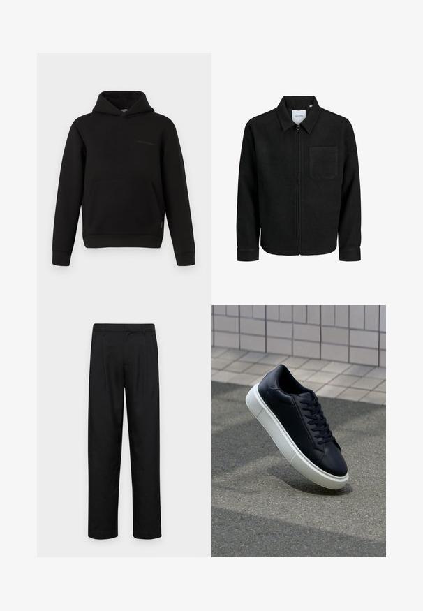 Črna jakna z zadrgo in ovratnikom ter enim žepom na prsih, prikazana na beli podlagi.; Črna kapuca s sprednjo kenguru žepom, dolgimi rokavi in majhno vodoravno šivno podrobnostjo na levem prsnem delu, na belem ozadju.; Črne hlače iz gladkega materiala, s krojem ravne noge, dvema sprednjima pregiboma in standardnim pasom z zankami za pas.; Črne usnjene superge z zaobljenim prstom in belim gumijastim podplat. Imajo ravne vezalke in minimalno šivanje na zgornjem delu. Teksturirani podplat za oprijem.