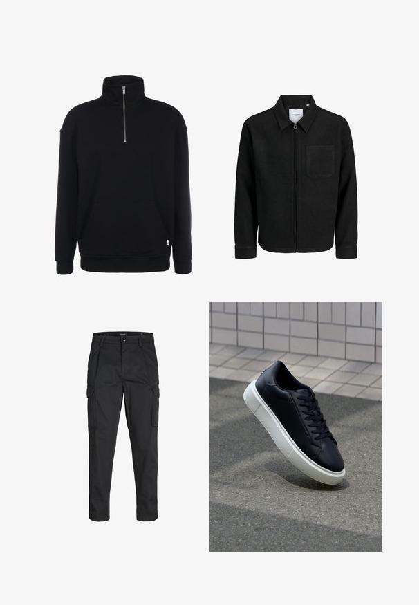 Giacca nera con zip, colletto e una tasca sul petto, mostrata su sfondo bianco.; Felpa nera con zip al collo, maniche lunghe, texture morbida, tasca frontale e un piccolo logo verde sull'orlo.; Pantaloni cargo neri realizzati in un tessuto resistente, dotati di molteplici tasche, chiusura con bottone e un design aderente con gambe affusolate.; Sneaker in pelle nera con punta arrotondata e suola in gomma bianca. Presenta lacci piatti e cuciture minime sulla parte superiore. Suola testurizzata per una migliore aderenza.