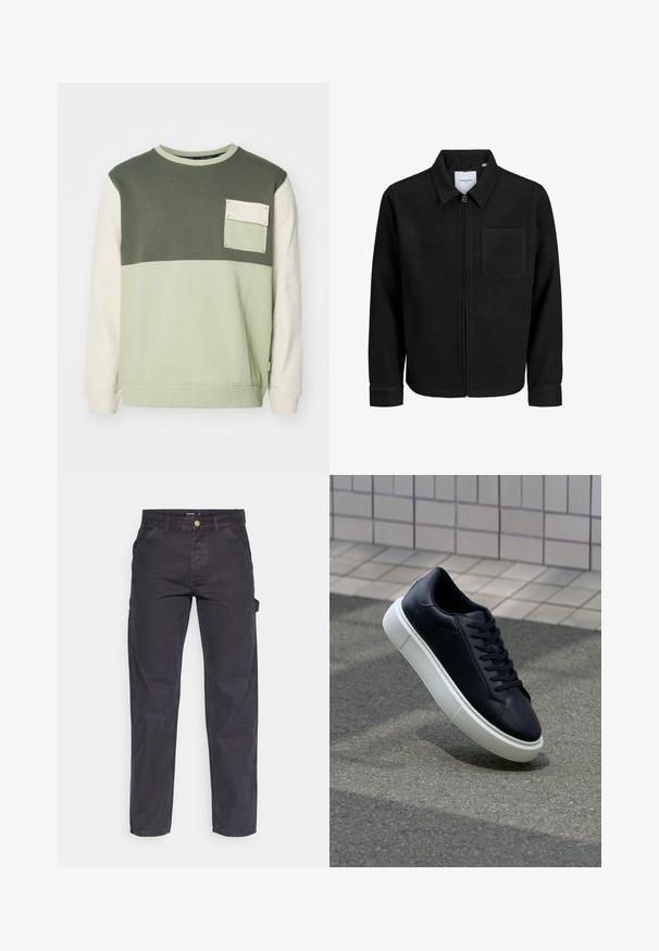 Melna jaka ar rāvējslēdzēju un apkakli, vienu krūšu kabatu, parādīta uz baltas fona.; Zaļi un krēmkrāsā krāsoti svītrveida krekls ar garām piedurknēm, apaļu kakla izgriezumu un krūšu kabatu. Izgatavots no mīksta kokvilnas auduma.; Tumši pelēki kravas bikses, kas izgatavotas no izturīga auduma, ar taisnu piegriezumu, piecām kabatām un pogu aizdari viduklī.; Melnas ādas kedas ar noapaļotu pirkstu un baltu gumijas zoli. Iespējas - plakanas šņorītes un minimāla apdare augšdaļā. Struktūrēta zole, lai nodrošinātu saķeri.