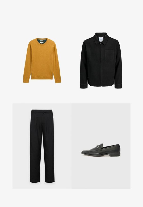 Schwarze Zip-Jacke mit Kragen und einer einzelnen Brusttasche, auf weißem Hintergrund präsentiert.; Senfgelbes Sweatshirt mit langen Ärmeln und rundem Halsausschnitt. Hergestellt aus weichem Stoff, mit gerippten Abschlüssen und einem kleinen Logo auf der Brust.; Schwarze Hose aus glattem Stoff, mit geradem Bein Design, zwei vorderen Falten und einem Standardbund mit Gürtelschlaufen.; Schwarzer Lederloafer mit glatter Oberfläche, ausgestattet mit einer gesteppten Gestaltung und einem dekorativen Metallkettendetail über dem Vorderblatt. Flacher Absatz.