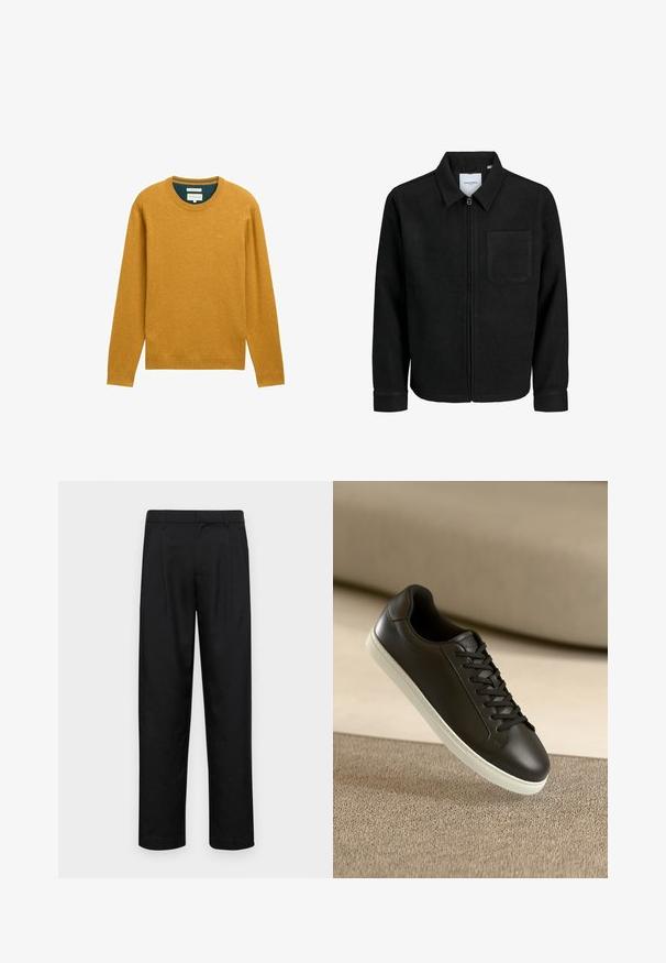 Giacca nera con zip, colletto e una tasca sul petto, mostrata su sfondo bianco.; Maglione giallo senape con maniche lunghe e scollo rotondo. Realizzato in un tessuto morbido, presenta finiture a costine e un piccolo logo sul petto.; Pantaloni neri realizzati in tessuto liscio, caratterizzati da un taglio dritto, due pieghe frontali e una vita standard con passanti per la cintura.; Sneaker in pelle nera con suola in gomma bianca e lacci neri, posizionato su una superficie e sfondo in tessuto beige.