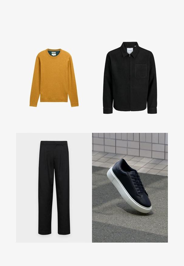 Czarna kurtka z zamkiem na całej długości, z kołnierzem i jedną kieszenią na piersi, umieszczona na białym tle.; Musztardowy sweter z długimi rękawami i okrągłym dekoltem. Wykonany z miękkiego materiału, posiada prążkowane wykończenia i małe logo na piersi.; Czarne spodnie wykonane z gładkiego materiału, z prostą nogawką, dwoma fałdami z przodu oraz standardowym paskiem z wypustkami na pasek.; Czarne skórzane sneakersy z okrągłym noskiem i białą gumową podeszwą. Posiadają płaskie sznurowadła i minimalne przeszycia na cholewce. Teksturowana podeszwa zapewnia przyczepność.