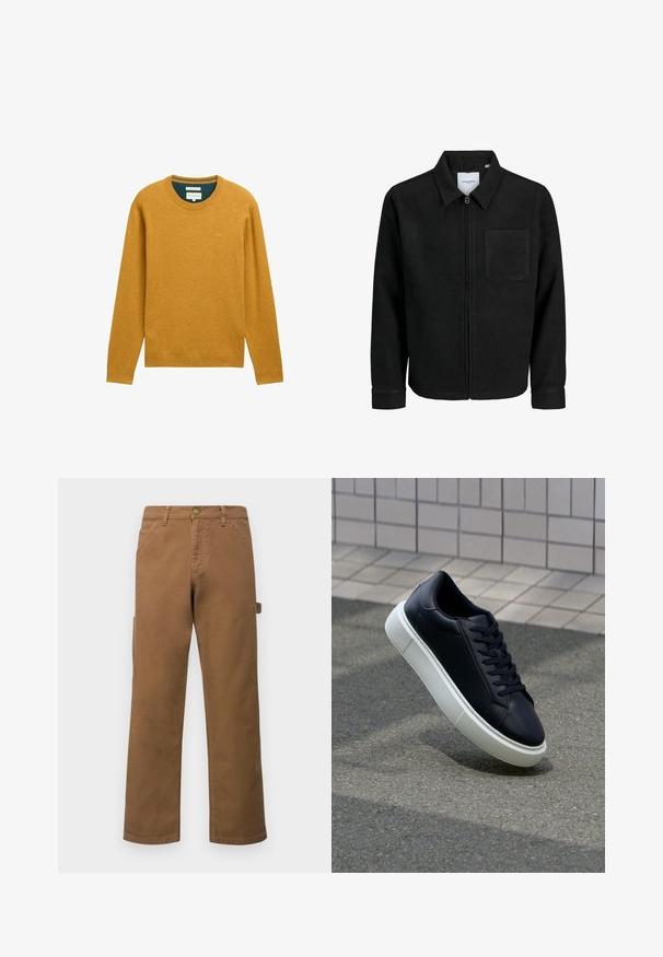 Černá zipová bunda s límečkem a jednou kapsou na hrudi, vystavená na bílém pozadí.; Hořčicově žlutý svetr s dlouhými rukávy a kulatým výstřihem. Vyrobený z měkké tkaniny, s elastickým volánem a malým logem na hrudi.; Hnědé bavlněné cargo kalhoty se rovnými nohavicemi, které mají boční kapsy a kovové zapínání v pase. Hladký povrch a ležérní design.; Černé kožené tenisky s kulatou špičkou a bílou gumovou podrážkou. mají ploché tkaničky a minimální šití na svršku. Texturovaná podrážka pro lepší přilnavost.