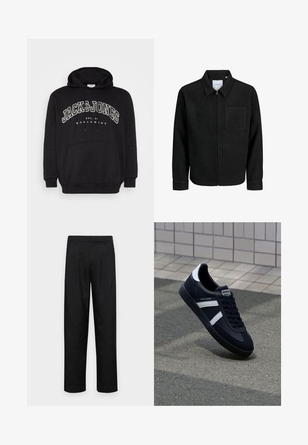 Čierna zipsová bunda s golierom a jednou náprsníkou, vystavená na bielom pozadí.; Čierna mikina s kapucňou vyrobená z bavlnenej zmesi. Obsahuje predné klokankové vrecko, kapucňu so sťahovacou šnúrkou a biely potlačený logo značky na hrudi.; Čierne nohavice vyrobené z hladkej tkaniny, s rovnými nohavicami, dvoma prednými skladmi a štandardným pásom s pútkami na opasok.; Čierne kožené tenisky s bielymi pruhmi, textúrovanou gumovou podrážkou a šnurovaním vpredu. Obsahujú označenie značky na jazyku.
