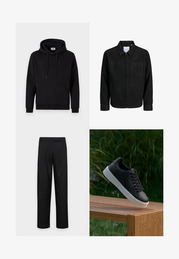 Sort lynlåsjakke med krave og en enkelt brystlomme, vist på hvid baggrund.; Sort hættetrøje lavet af bomuldsrigt stof, med en forlommek, snoretræk i hætten og ribbede manchetter. Enkel og afslappet design.; Sorte bukser lavet af glat stof, med et lige ben-design, to frontfolder og en standard talje med bæltestropper.; Sort lædersneaker med en glat overflade, hvid gummisål og seks øjer til snørebånd, præsenteret på en træoverflade.