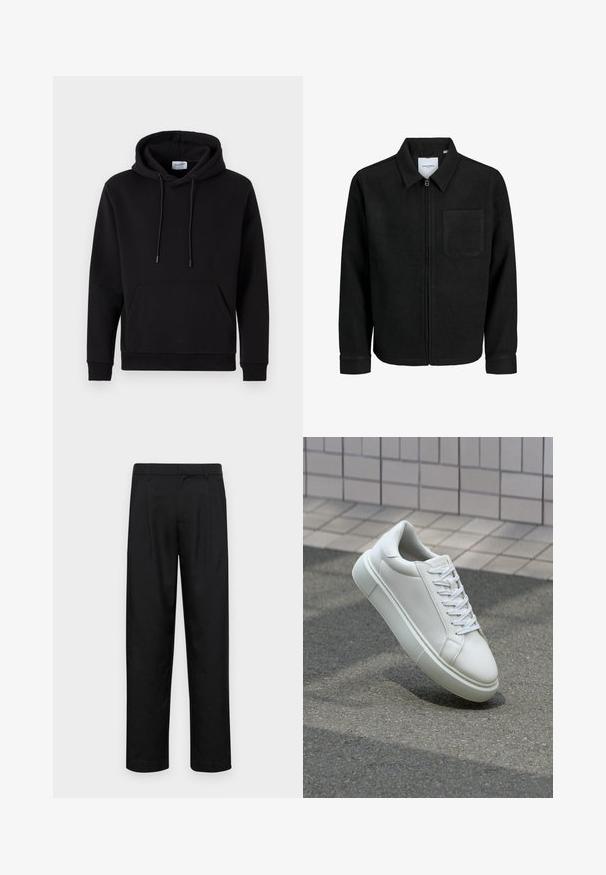 Čierna zipsová bunda s golierom a jednou náprsníkou, vystavená na bielom pozadí.; Čierna mikina z bavlnenej látky, s prednou vreckom, kapucňou na šnúrku a lemovanými manžetami. Jednoduchý a ležérny dizajn.; Čierne nohavice vyrobené z hladkej tkaniny, s rovnými nohavicami, dvoma prednými skladmi a štandardným pásom s pútkami na opasok.; Biele kožené tenisky s hladkým povrchom, okrúhlym špičkou a plochými bielymi šnúrkami. Obsahuje štruktúrovanú gumovú podrážku a minimalistický dizajn.